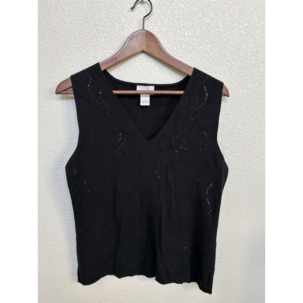 Ann Taylor black knit tank top sequin sparkle womens L holiday classic stretch